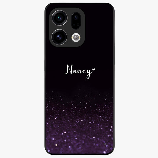 Glittery Purple Bokeh Custom Name Glass Case showing flat back view with purple bokeh sparkle artwork and personalized name design.