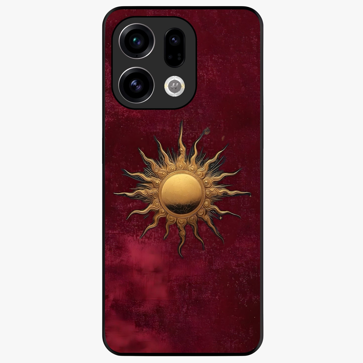 Gold Sun Blush Glass Case showing flat back view with golden sun inspired artwork and glossy glass finish.