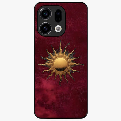 Gold Sun Blush Glass Case showing flat back view with golden sun inspired artwork and glossy glass finish.