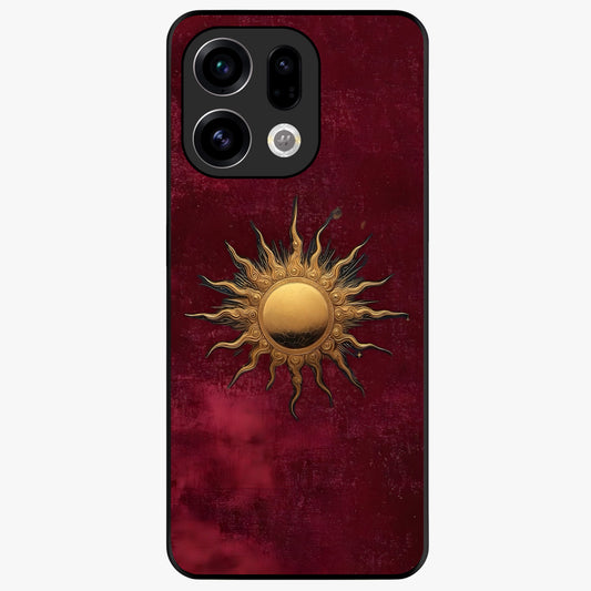 Gold Sun Blush Glass Case showing flat back view with golden sun inspired artwork and glossy glass finish.