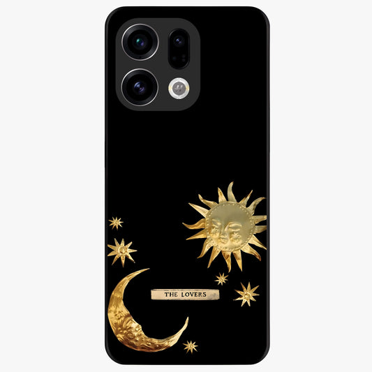 Golden Celestial Charm Glass Case showing flat back view with golden celestial charm artwork and glossy glass finish.