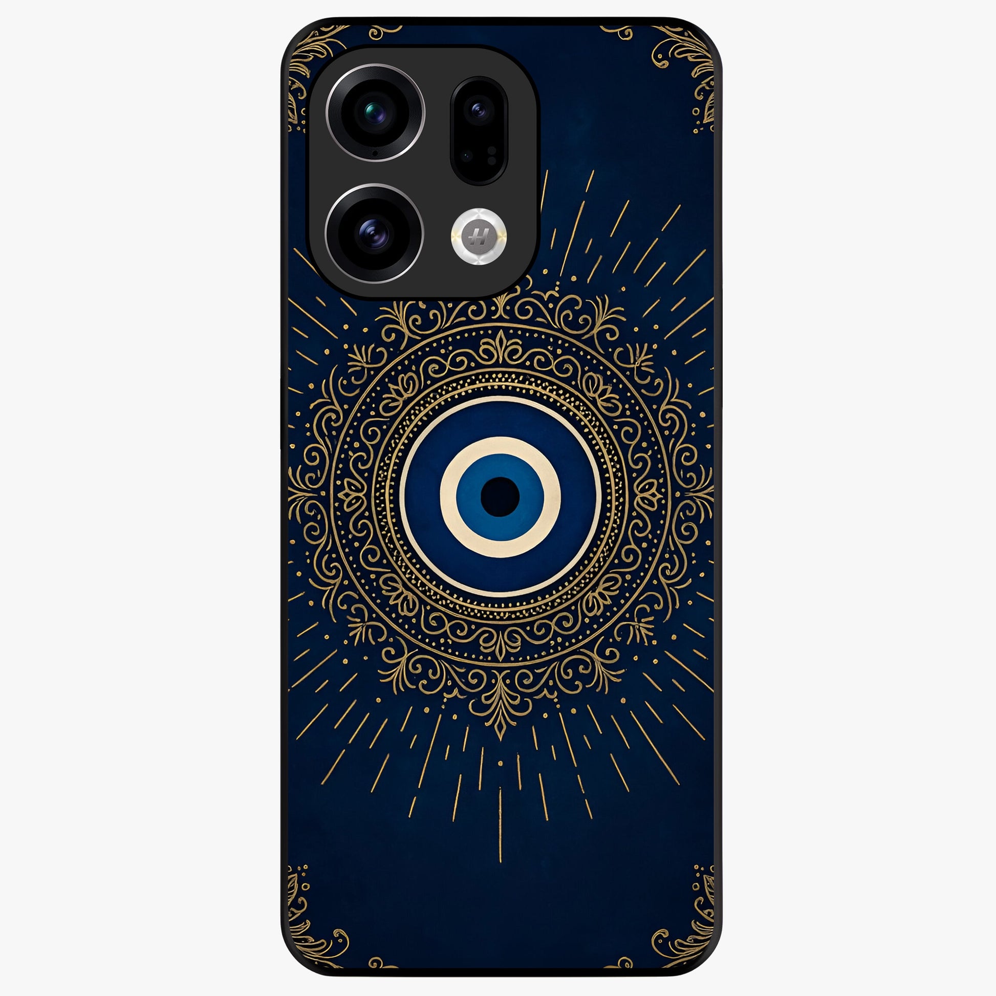 Golden Evil Eye Mandala Glass Case showing flat back view with intricate evil eye mandala artwork and glossy glass finish.