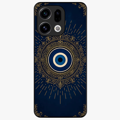 Golden Evil Eye Mandala Glass Case showing flat back view with intricate evil eye mandala artwork and glossy glass finish.