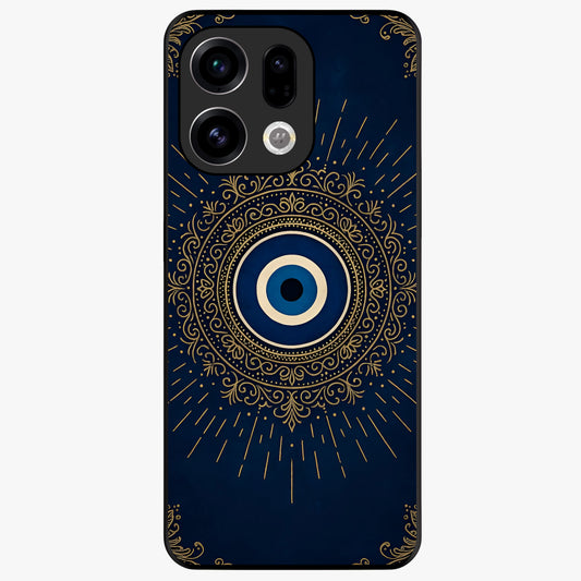 Golden Evil Eye Mandala Glass Case showing flat back view with intricate evil eye mandala artwork and glossy glass finish.
