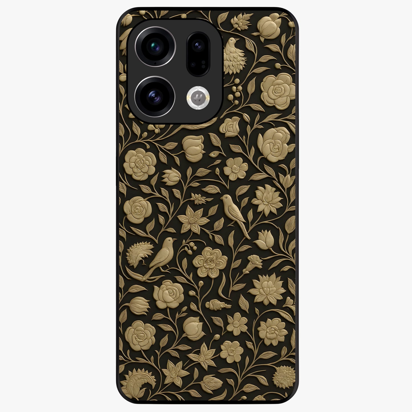 Golden Floral Majesty Glass Case showing flat back view with luxurious golden floral artwork and glossy glass finish.