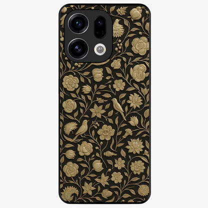 Golden Floral Majesty Glass Case showing flat back view with luxurious golden floral artwork and glossy glass finish.
