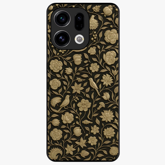 Golden Floral Majesty Glass Case showing flat back view with luxurious golden floral artwork and glossy glass finish.