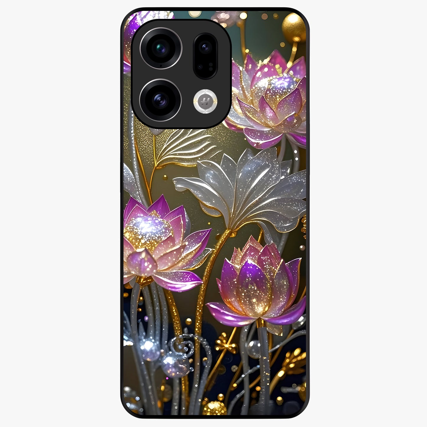 Golden Lotus Glow Glass Case showing flat back view with glowing lotus flower artwork and glossy glass finish.