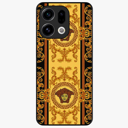 Golden Royal Heritage Glass Case showing flat back view with ornate royal pattern artwork and glossy glass finish.
