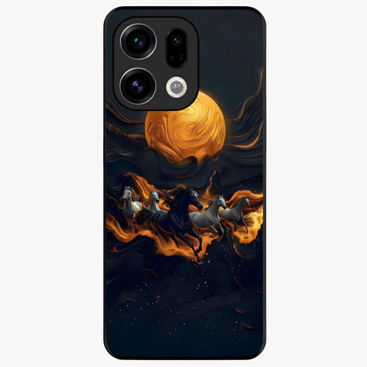 Golden Stallion Moonride Glass Case showing flat back view with majestic horse under moonlight artwork and glossy glass finish.