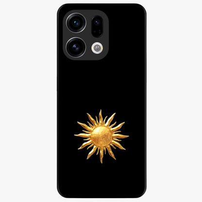 Golden Sun Minimalism Glass Case showing flat back view with minimal golden sun artwork and glossy glass finish.