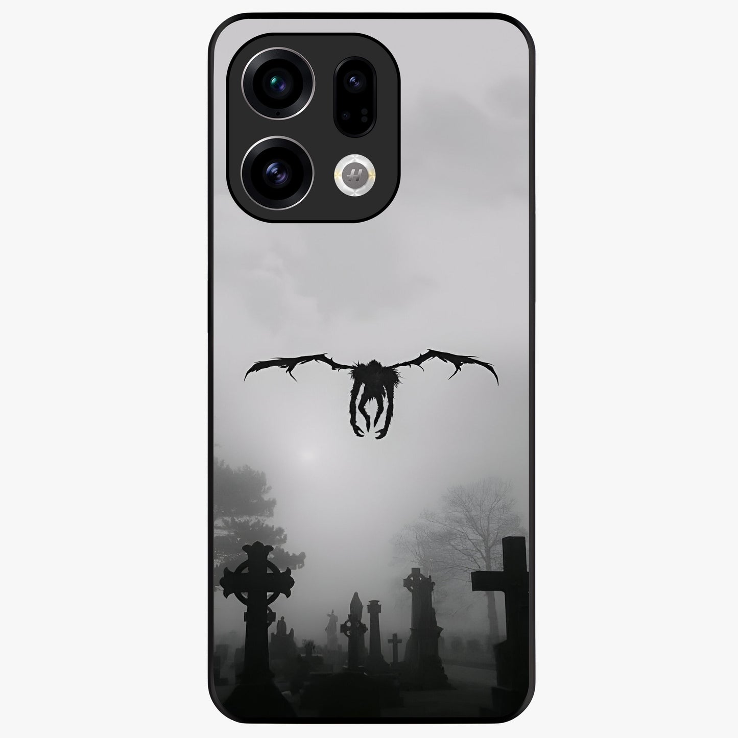 Graveyard Shadow Descent Glass Case showing flat back view with dark graveyard themed artwork and glossy glass finish.