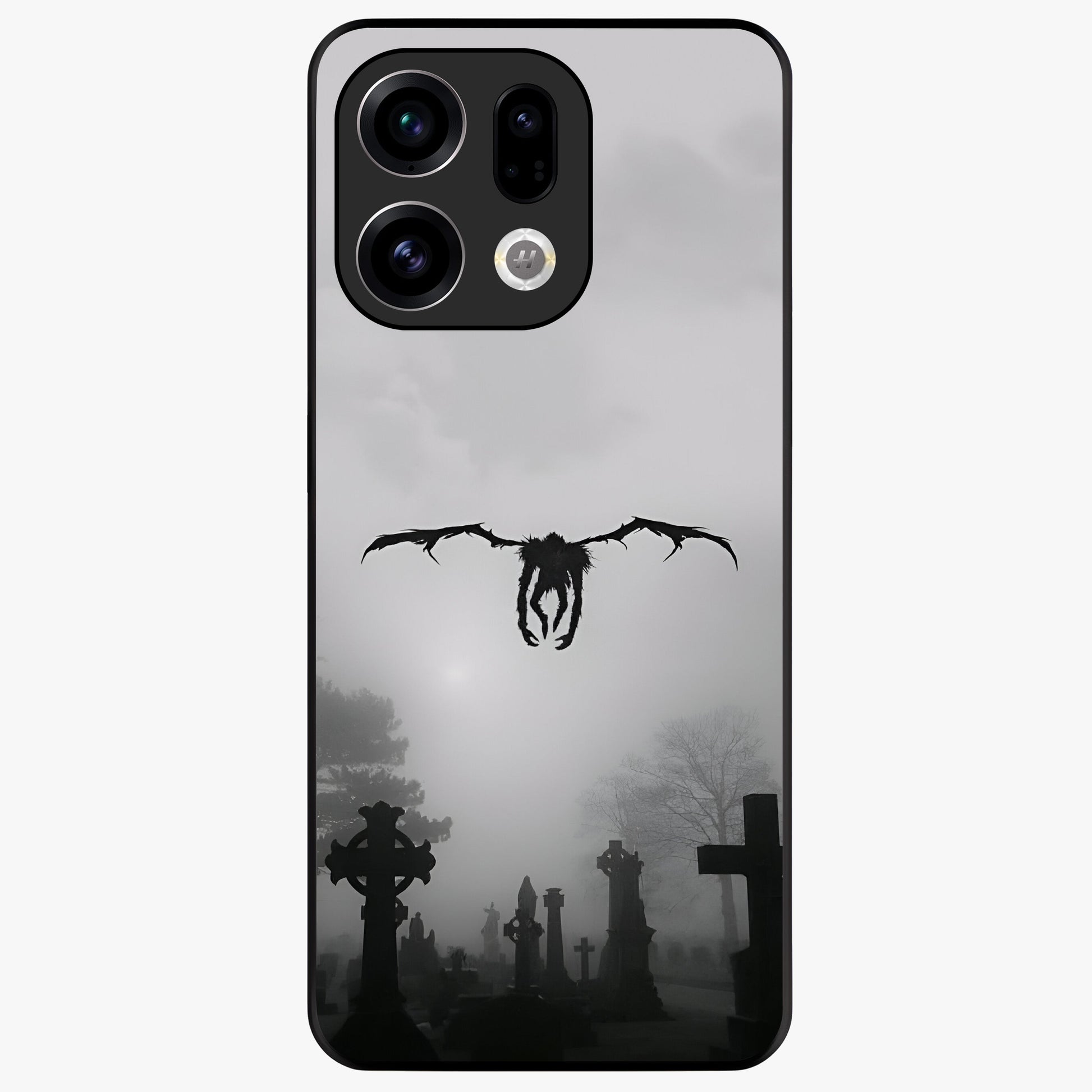 Graveyard Shadow Descent Glass Case showing flat back view with dark graveyard themed artwork and glossy glass finish.