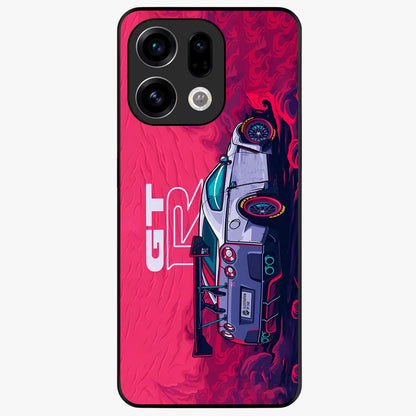 GT-R Car Pattern Glass Case showing flat back view with sporty car inspired pattern artwork and glossy glass finish.