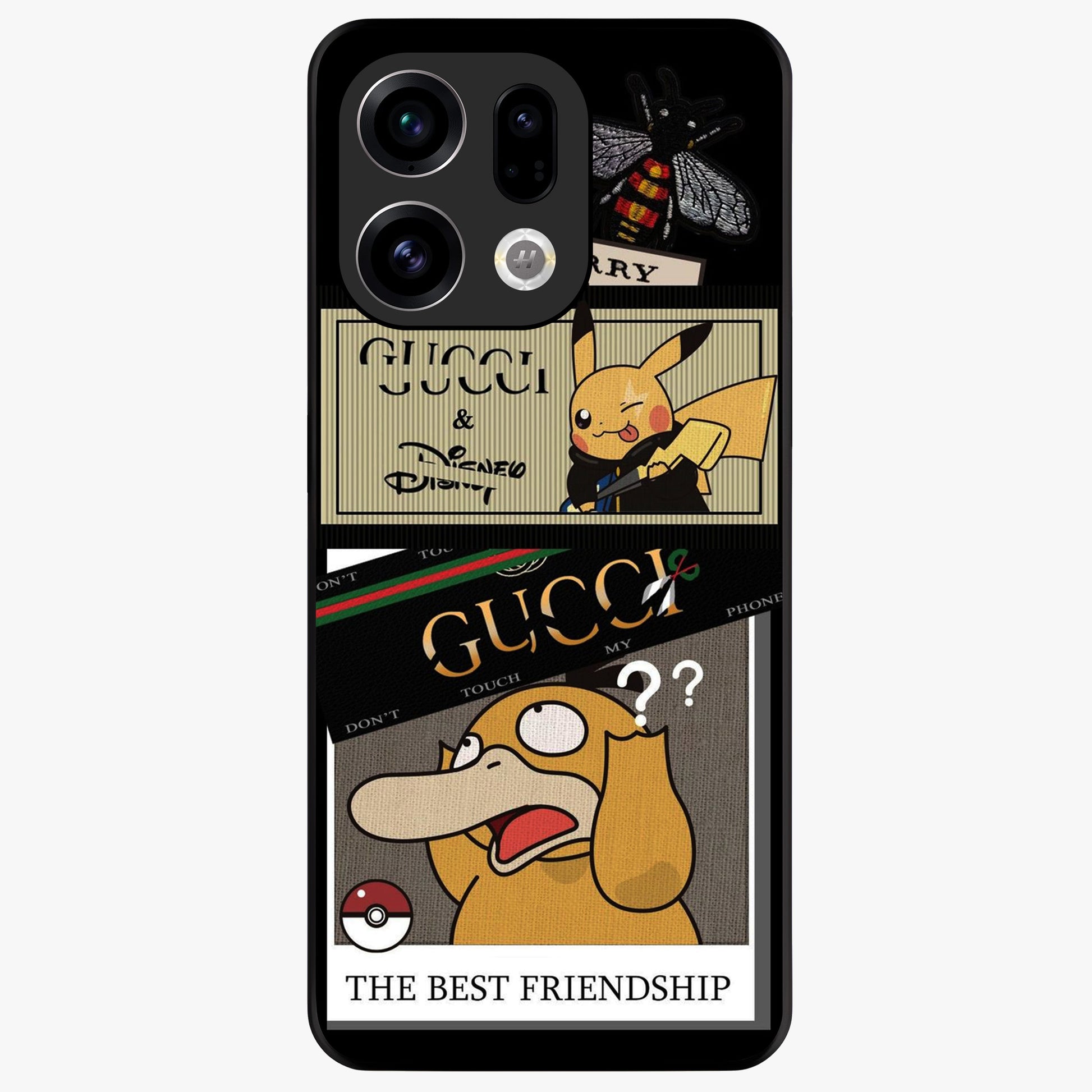 Gucci Play Mashup Glass Case showing flat back view with luxury inspired graphic artwork and glossy glass finish.
