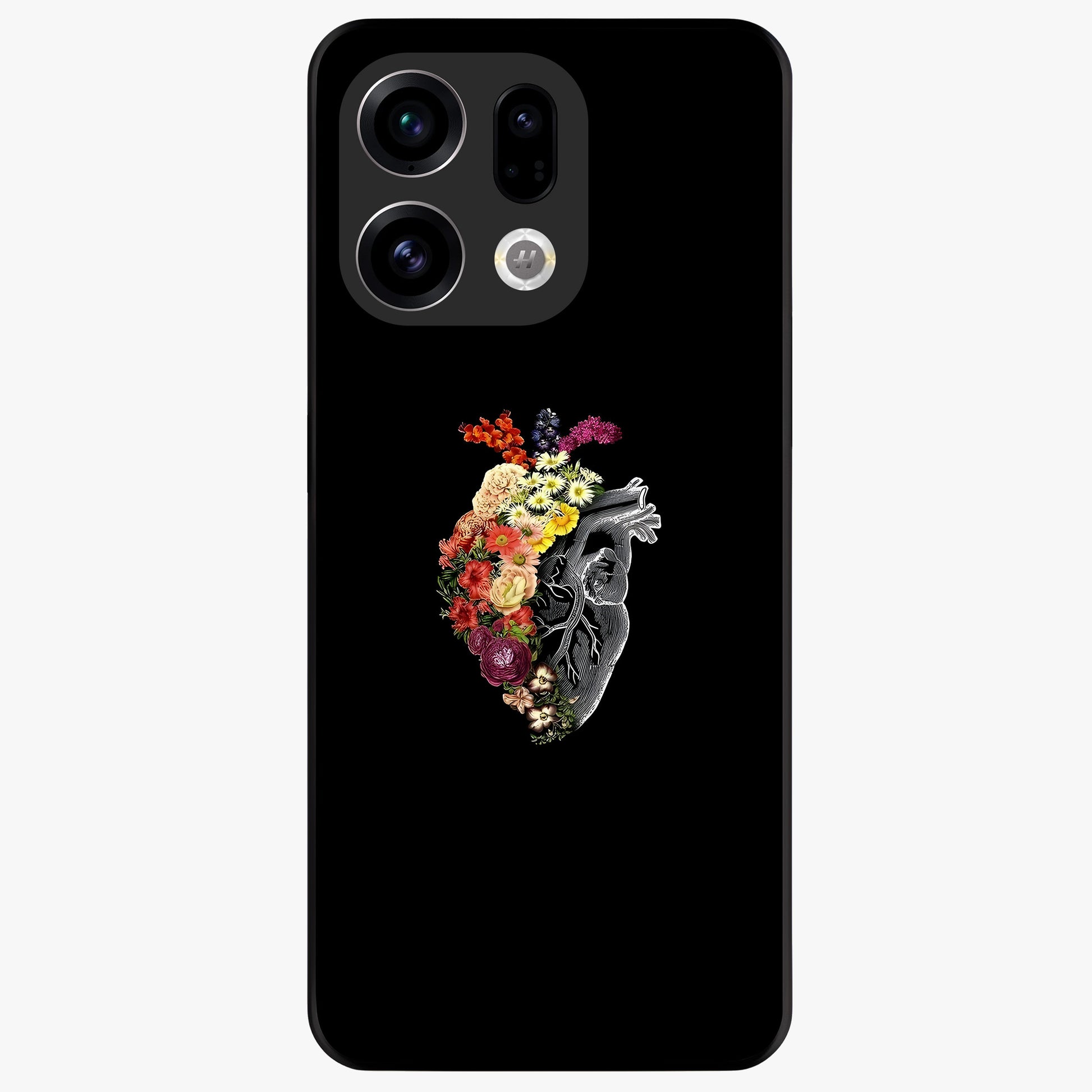 Heart With Flowers Glass Case showing flat back view with heart shaped floral artwork and glossy glass finish.