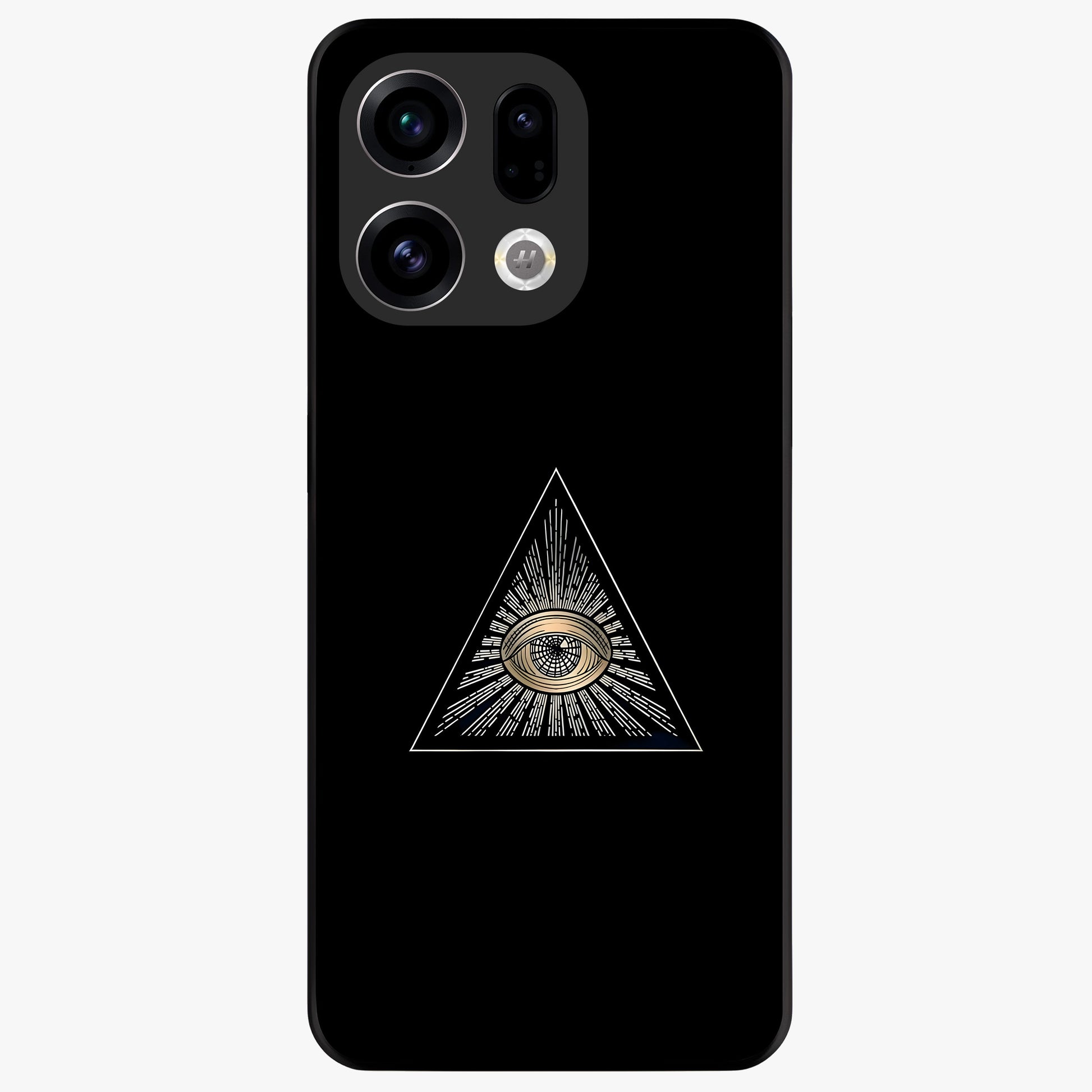 Illuminati Evil Glass Case showing flat back view with mysterious illuminati symbol artwork and glossy glass finish.