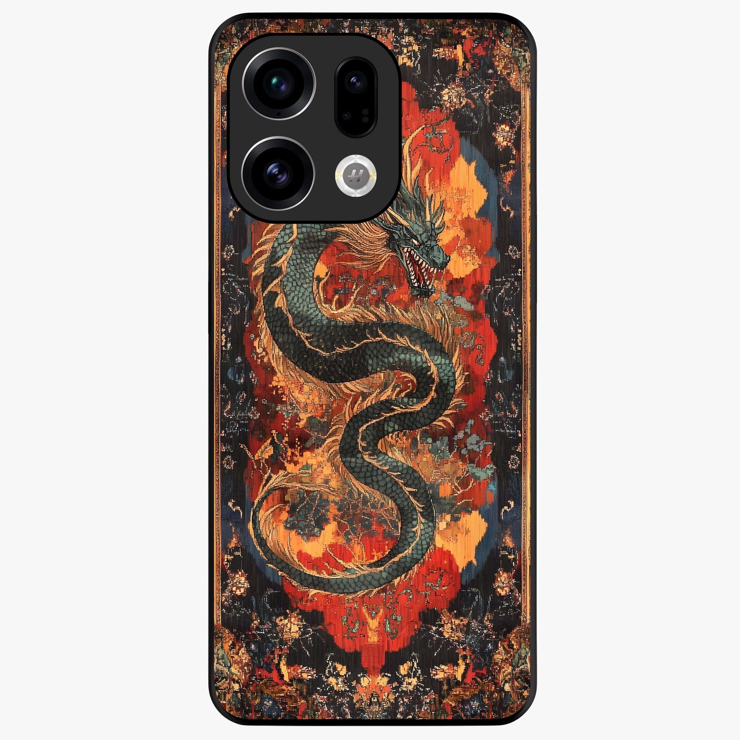 Inferno Dragon Soul Glass Case showing flat back view with fiery dragon artwork and glossy glass finish.
