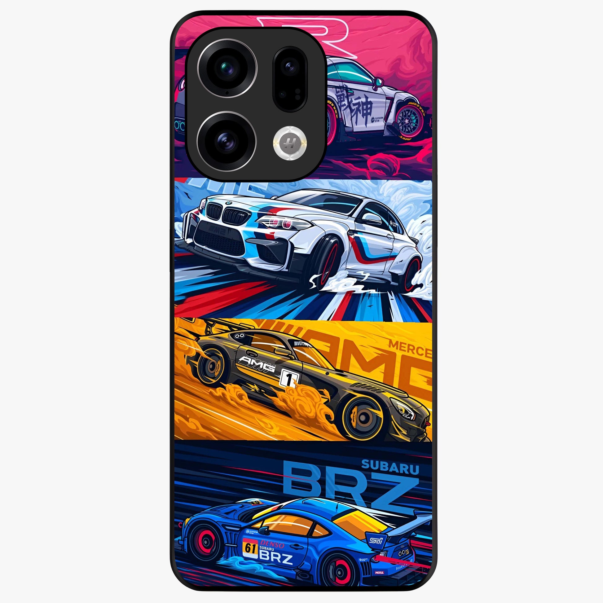 JDM Sports Car Glass Case showing flat back view with high performance sports car artwork and glossy glass finish.