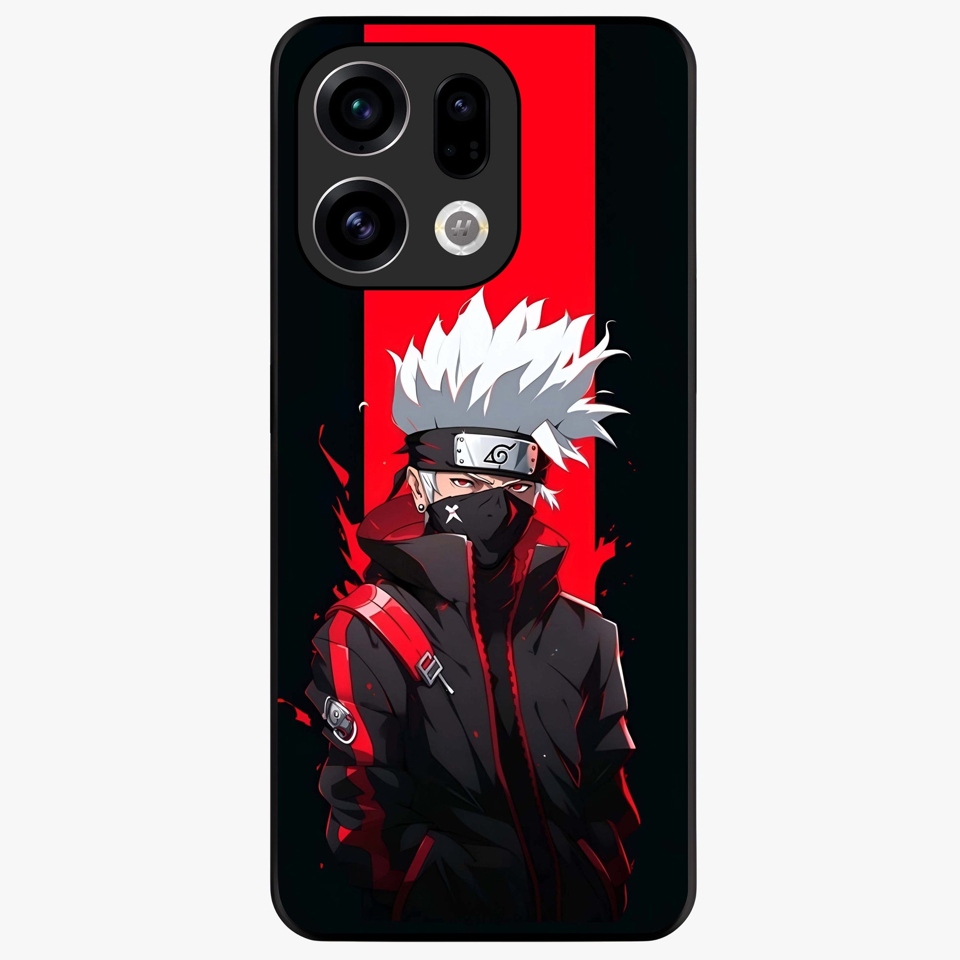 Kakashi Scarlet Shadow Glass Case showing flat back view with powerful anime ninja artwork and glossy glass finish.