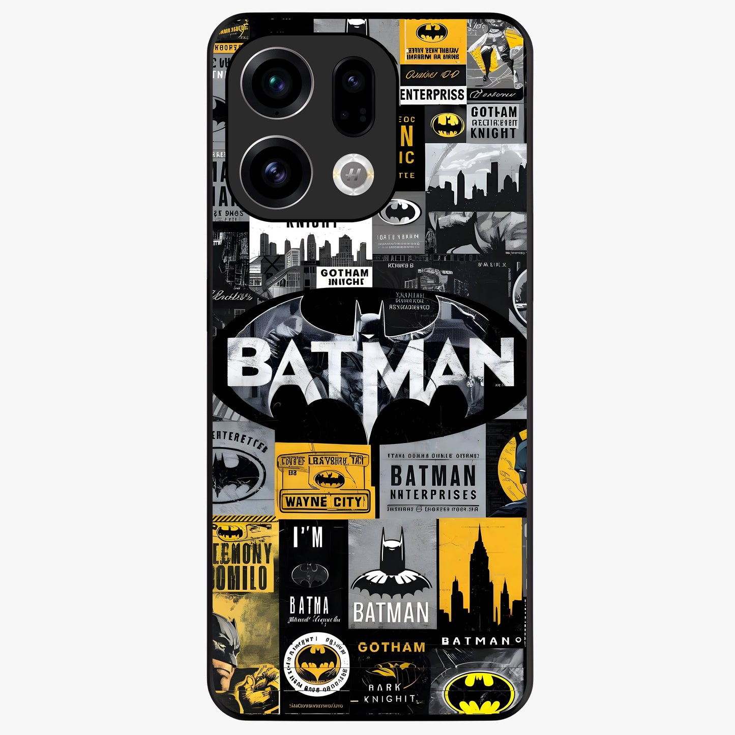 Knight Gotham Rise Glass Case showing flat back view with dark hero inspired artwork and glossy glass finish.