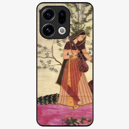 Lady With Veena Art Glass Case showing flat back view with elegant woman playing veena artwork and glossy glass finish.