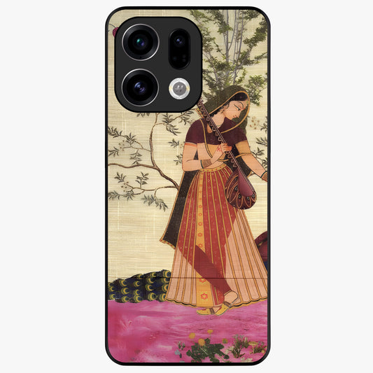 Lady With Veena Art Glass Case showing flat back view with elegant woman playing veena artwork and glossy glass finish.