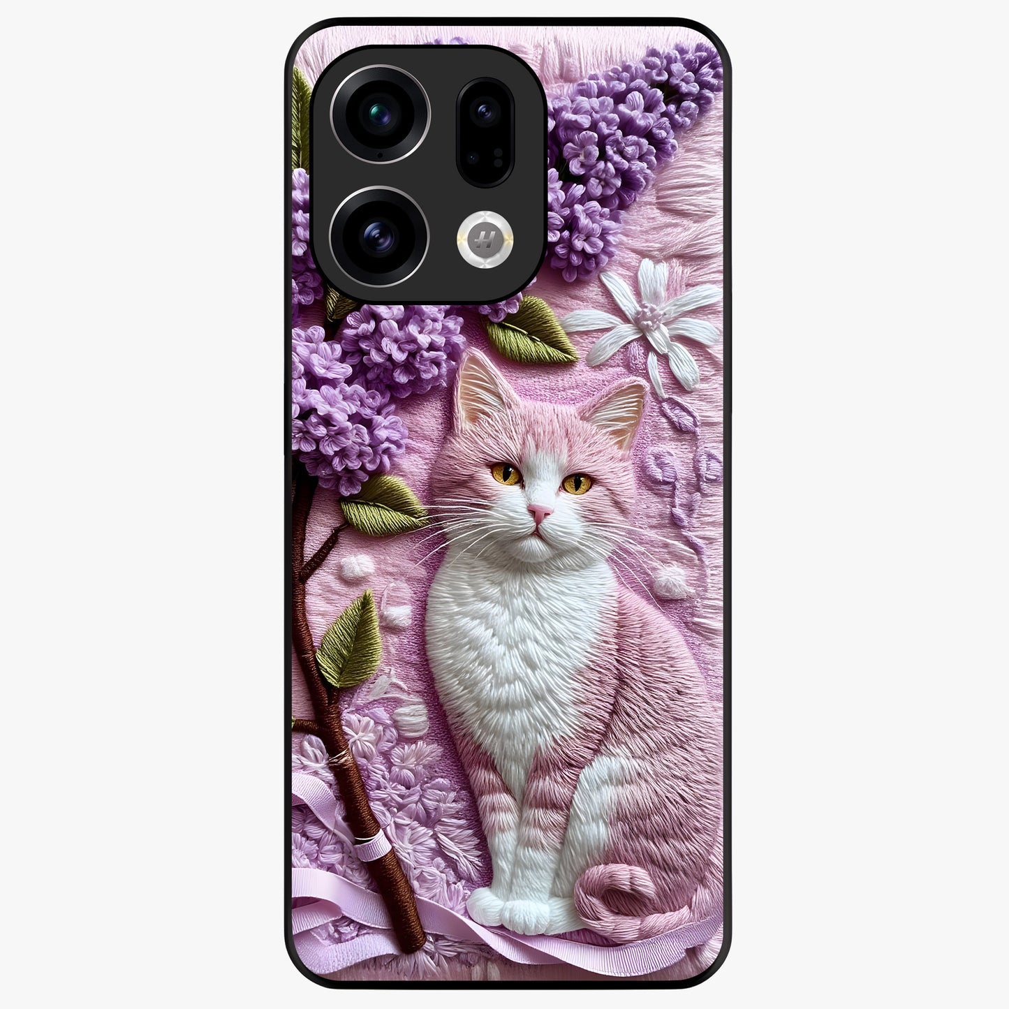 Lavender Cat Whimsy Glass Case showing flat back view with cute lavender cat artwork and glossy glass finish.