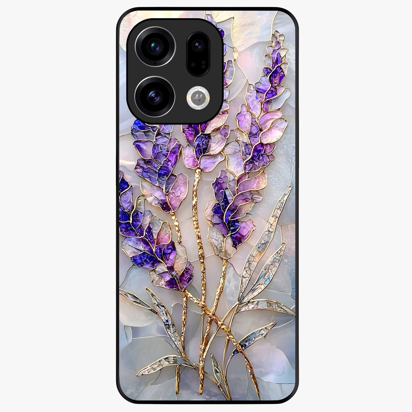 Lavender Dream Glow Glass Case showing flat back view with glowing lavender aesthetic artwork and glossy glass finish.