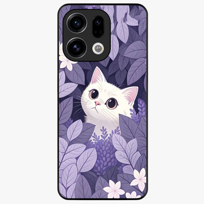 Lilac Hide Peek Cat Glass Case showing flat back view with cute peeking cat artwork and glossy glass finish.