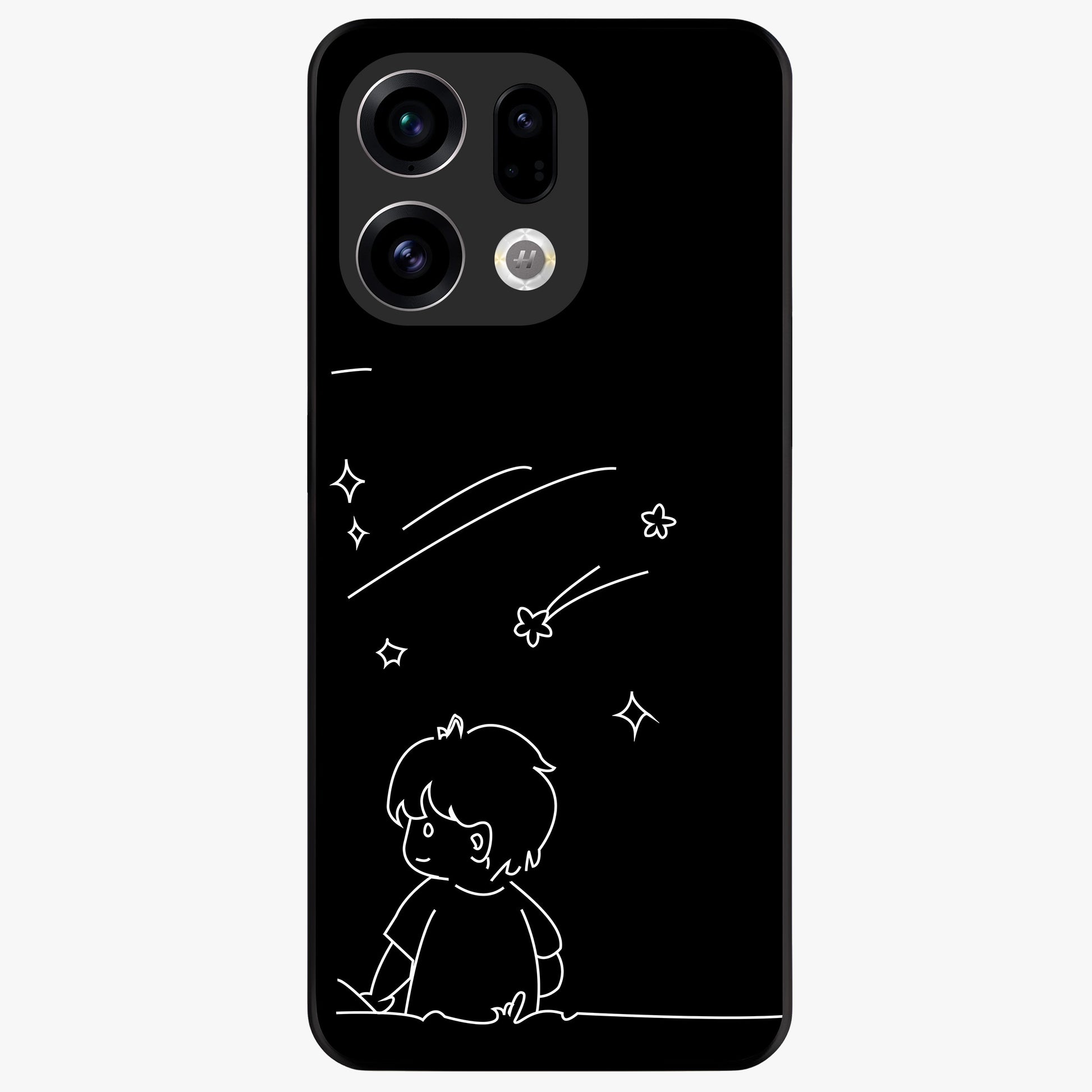 Line Art Boy With Shooting Stars Glass Case showing flat back view with minimal line art boy and shooting stars illustration and glossy glass finish.