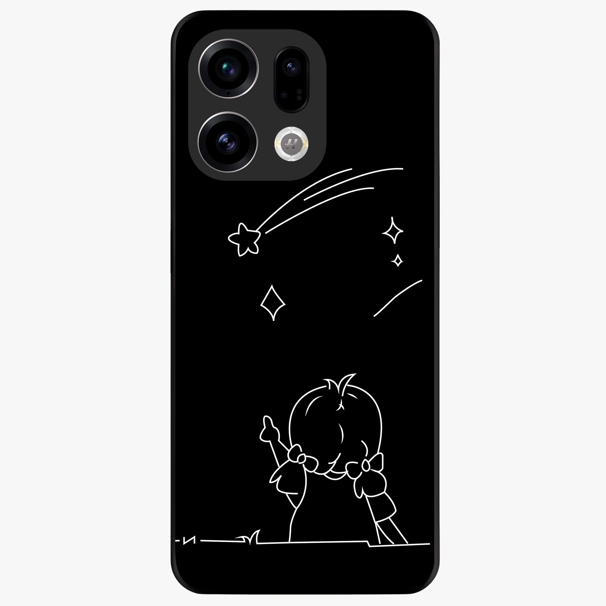 Line Art Girl With Shooting Stars Glass Case showing flat back view with minimal line art girl and shooting stars illustration and glossy glass finish.