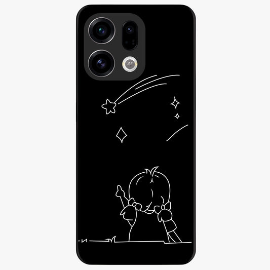 Line Art Girl With Shooting Stars Glass Case showing flat back view with minimal line art girl and shooting stars illustration and glossy glass finish.