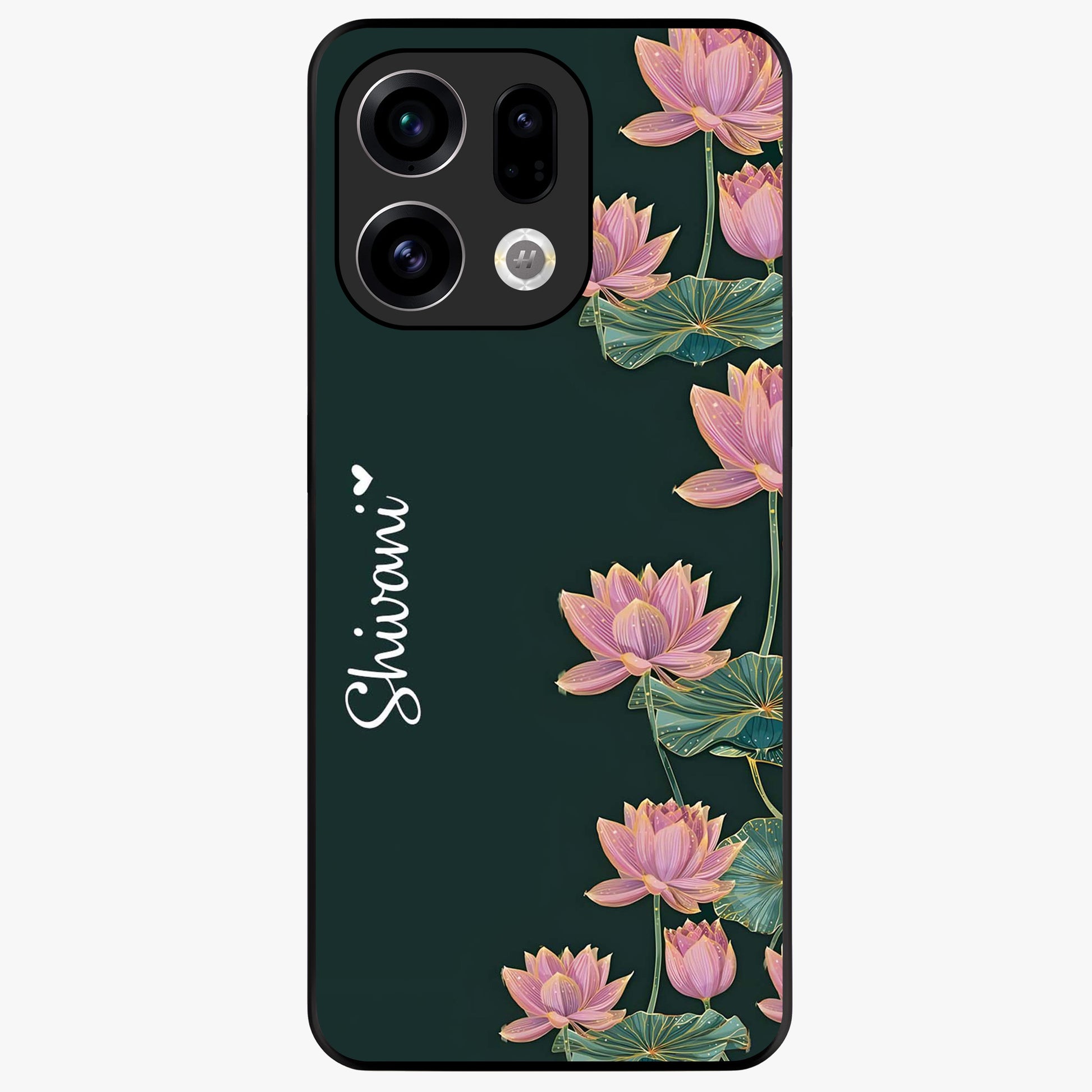 Lotus Bloom Serenity Custom Name Glass Case showing flat back view with elegant lotus flower artwork and personalized name design.