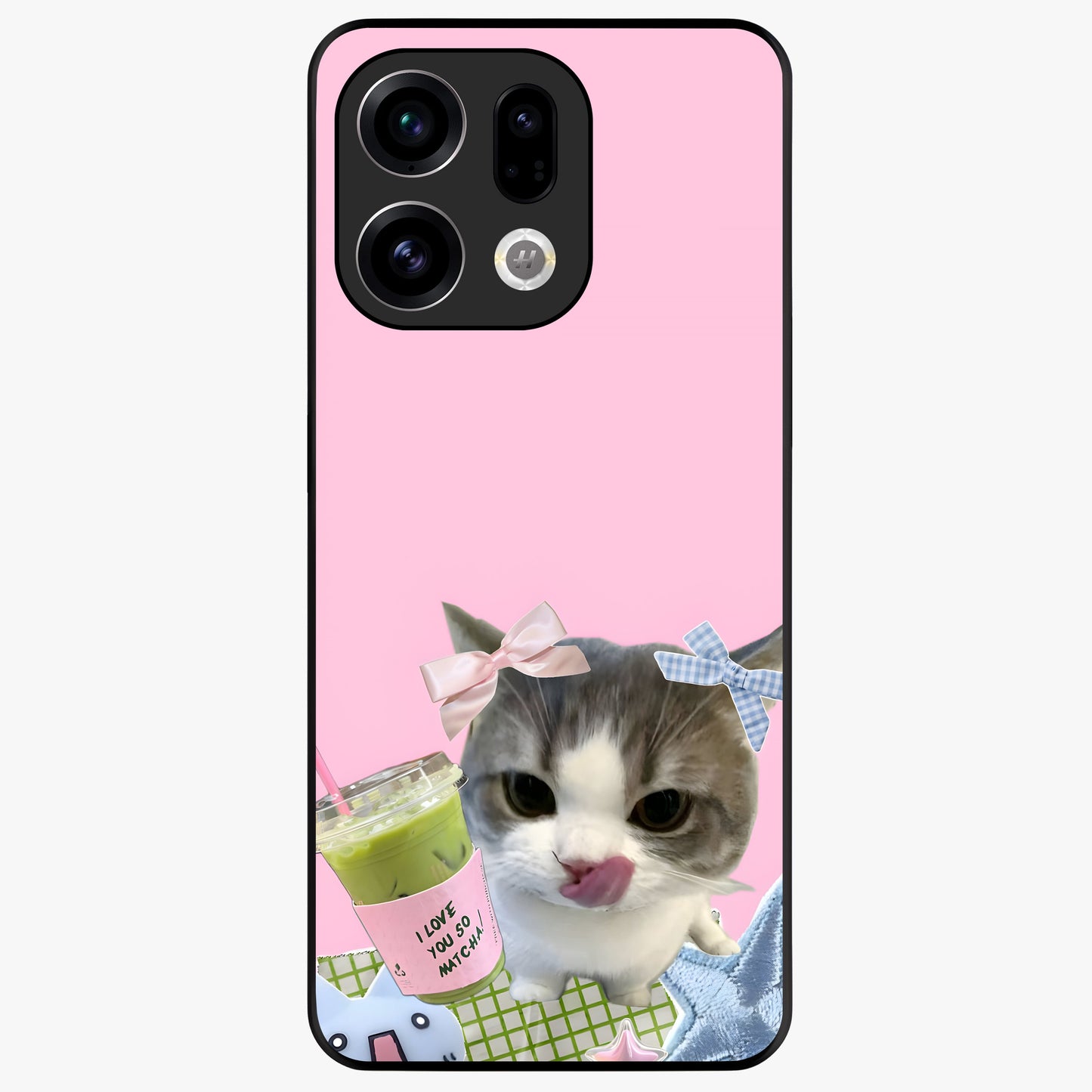 Love Matcha Cat Glass Case showing flat back view with cute cat and matcha themed artwork and glossy glass finish.