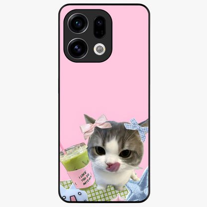 Love Matcha Cat Glass Case showing flat back view with cute cat and matcha themed artwork and glossy glass finish.
