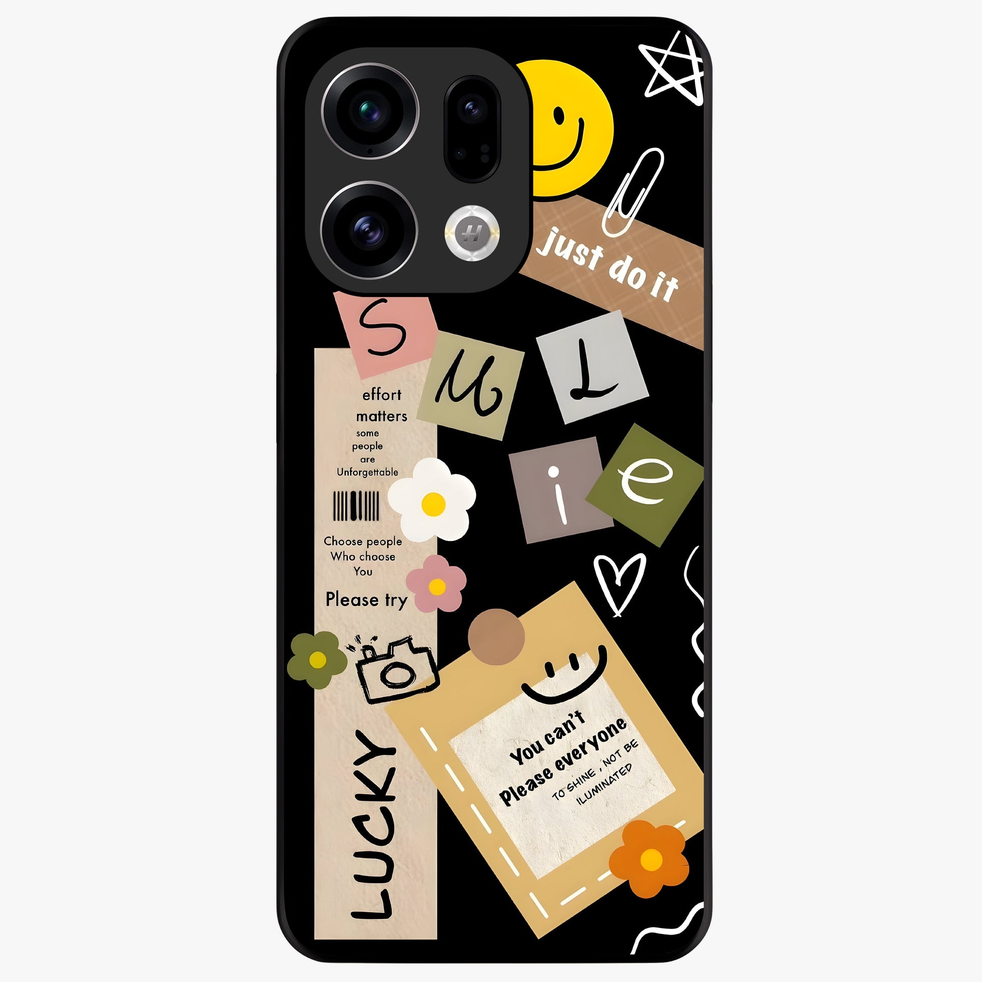 Lucky Aesthetic Collage Glass Case showing flat back view with trendy aesthetic collage artwork and glossy glass finish.