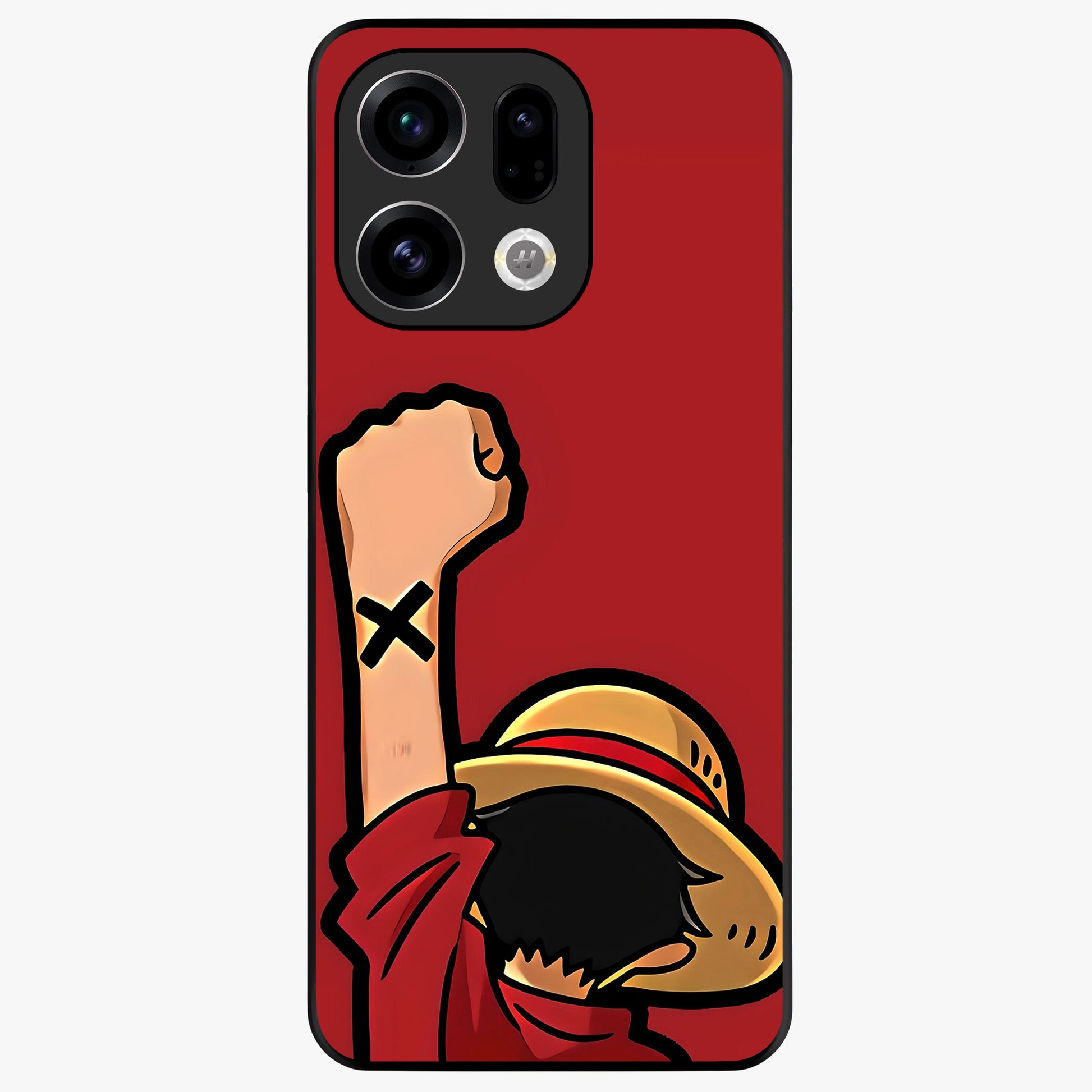 Luffy X Spirit Glass Case showing flat back view with bold anime character artwork and glossy glass finish.