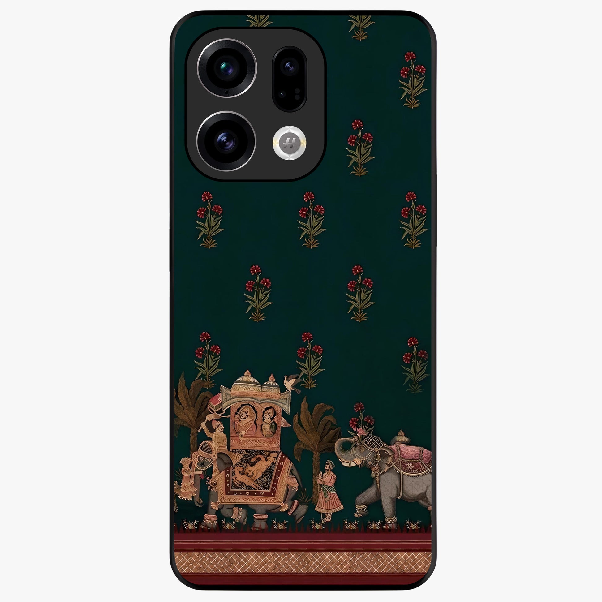 Macmerise Glass Case showing flat back view with stylish modern artwork and glossy glass finish.