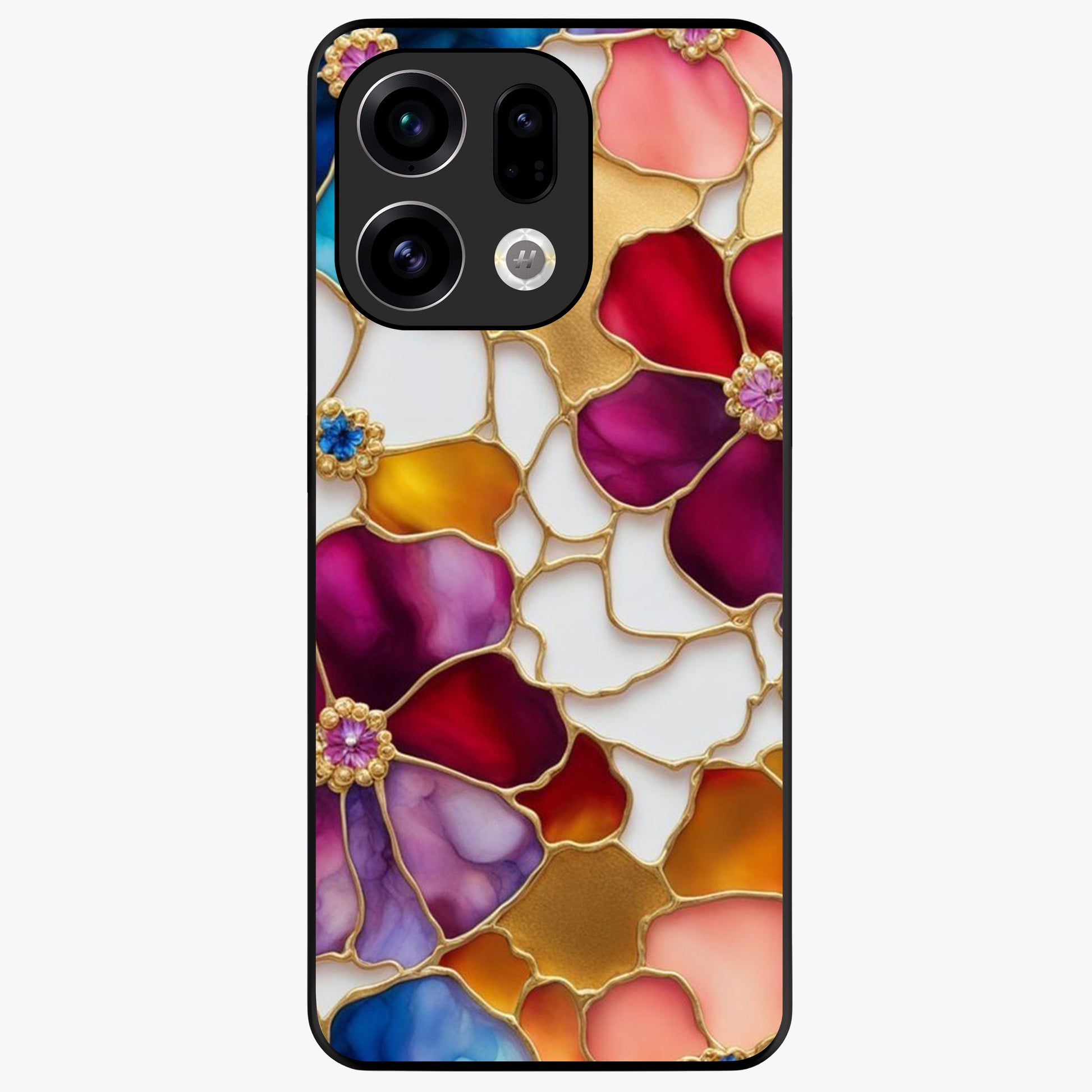 Marble Flower Pattern Glass Case showing flat back view with marble texture floral artwork and glossy glass finish.