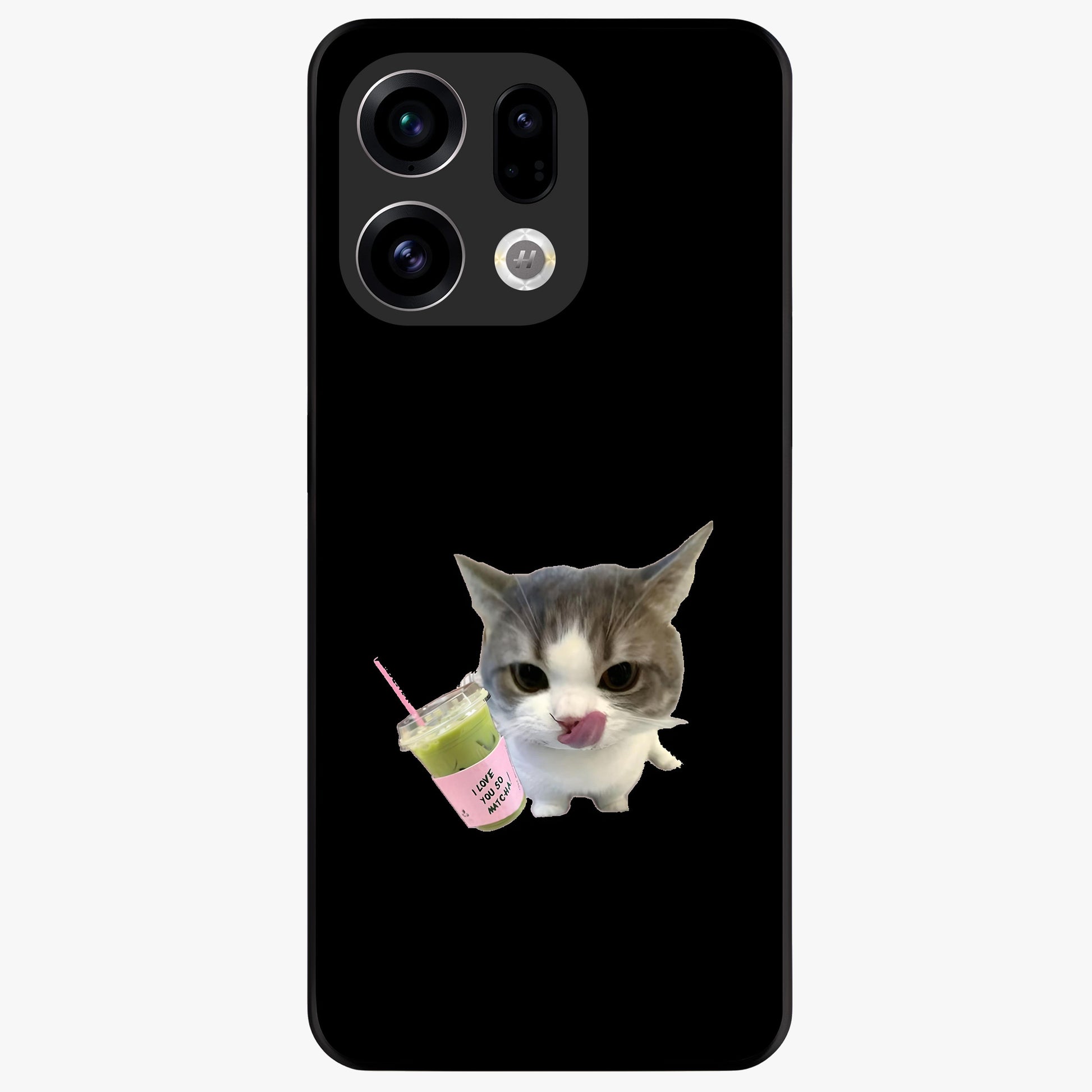 Matcha Cat Style Glass Case showing flat back view with cute matcha themed cat artwork and glossy glass finish.