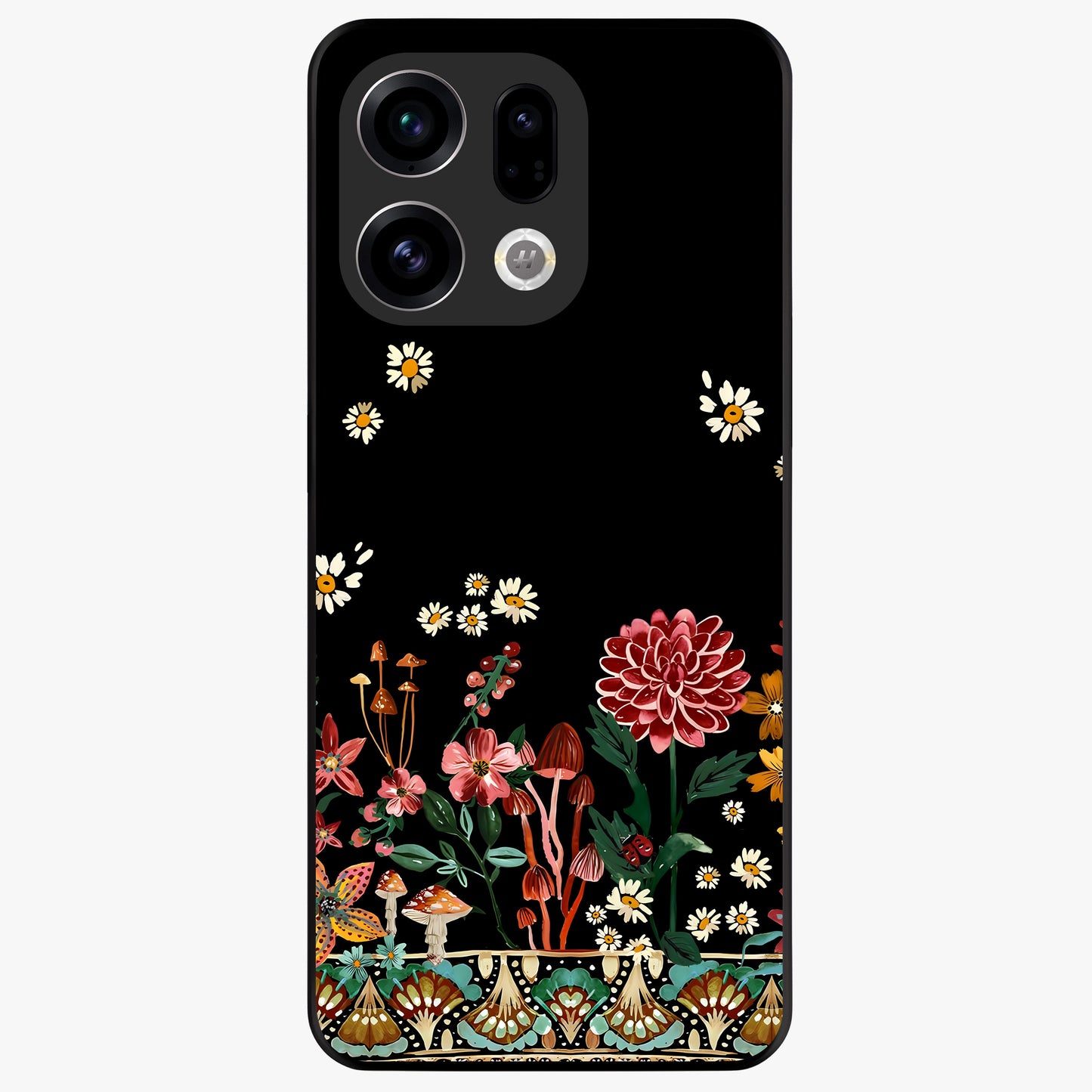 Midnight Bloom Pattern Glass Case showing flat back view with dark floral pattern artwork and glossy glass finish.