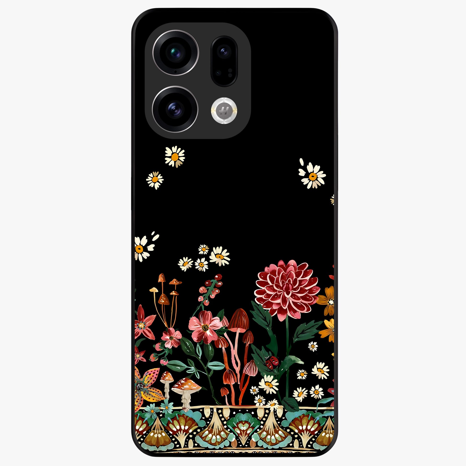 Midnight Bloom Pattern Glass Case showing flat back view with dark floral pattern artwork and glossy glass finish.