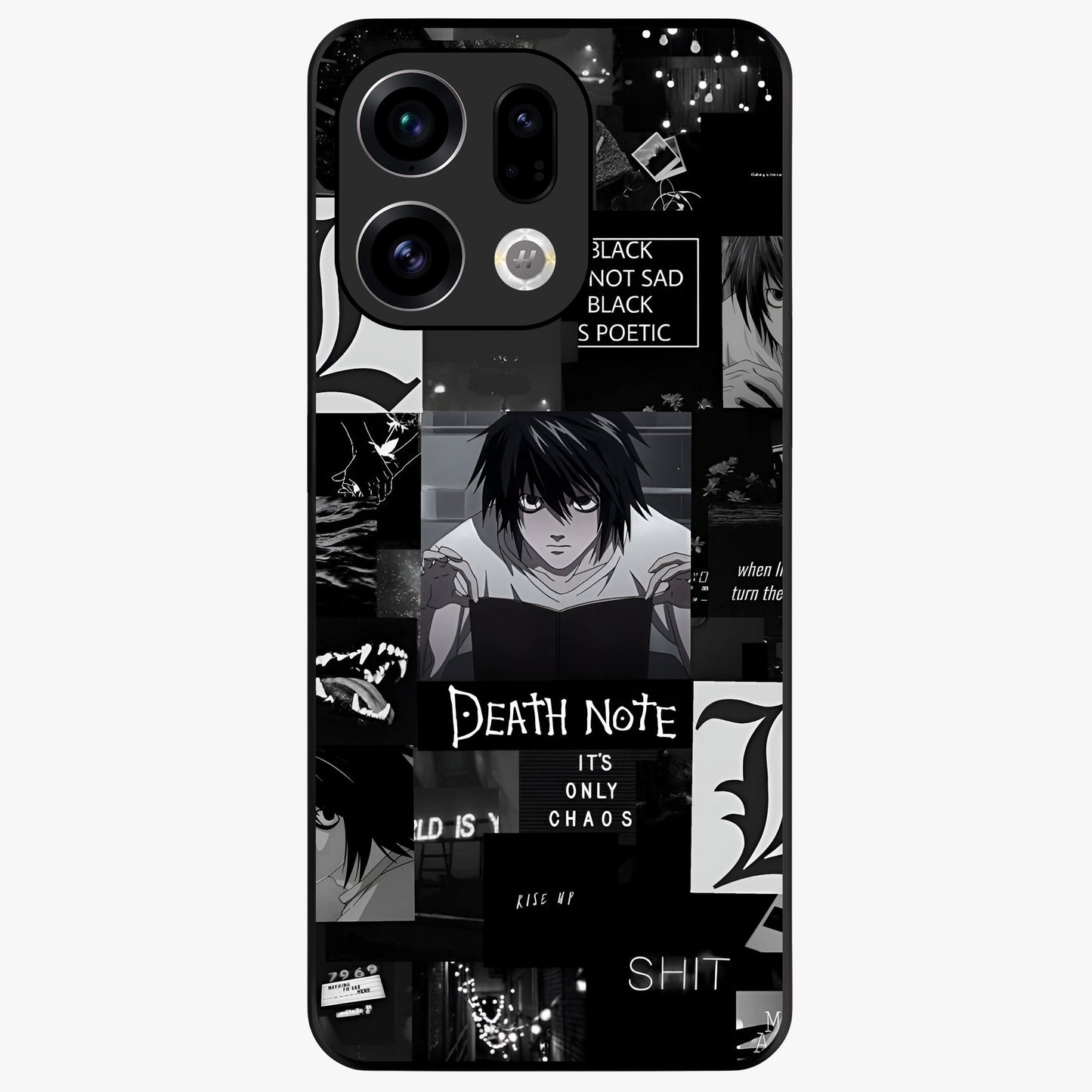 Midnight Chaos Mind Glass Case showing flat back view with abstract dark themed artwork and glossy glass finish.
