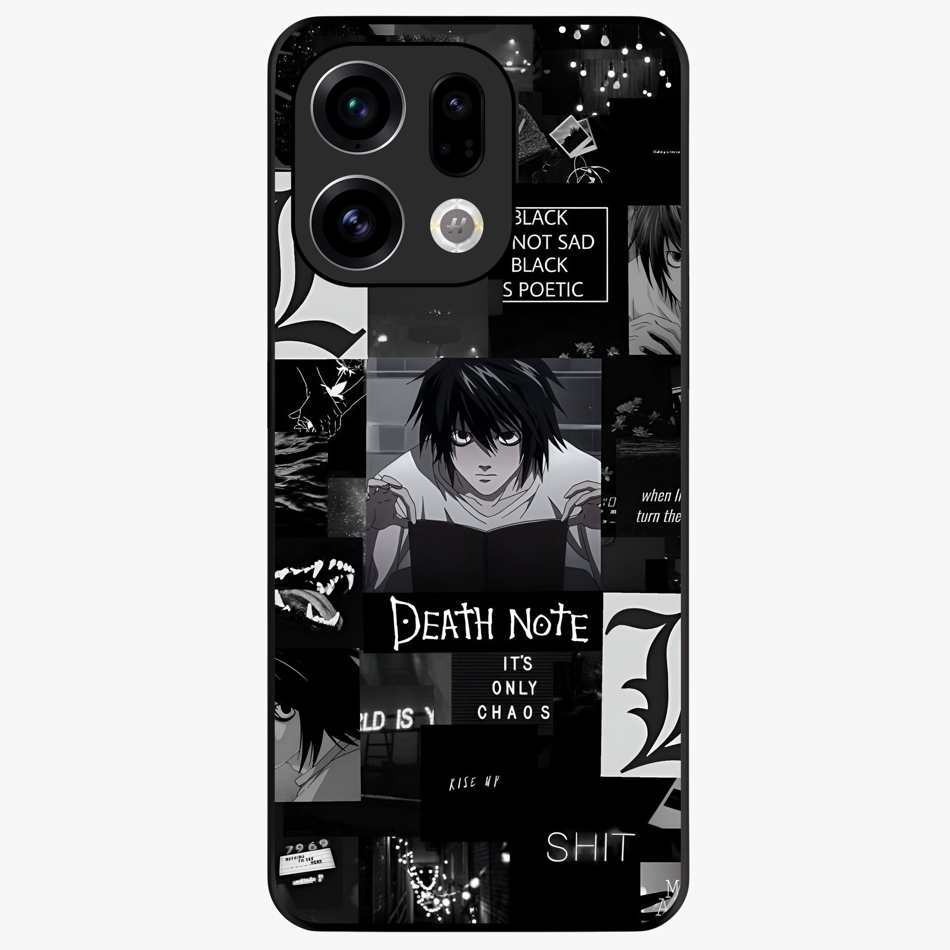 Midnight Chaos Mind Glass Case showing flat back view with abstract dark themed artwork and glossy glass finish.