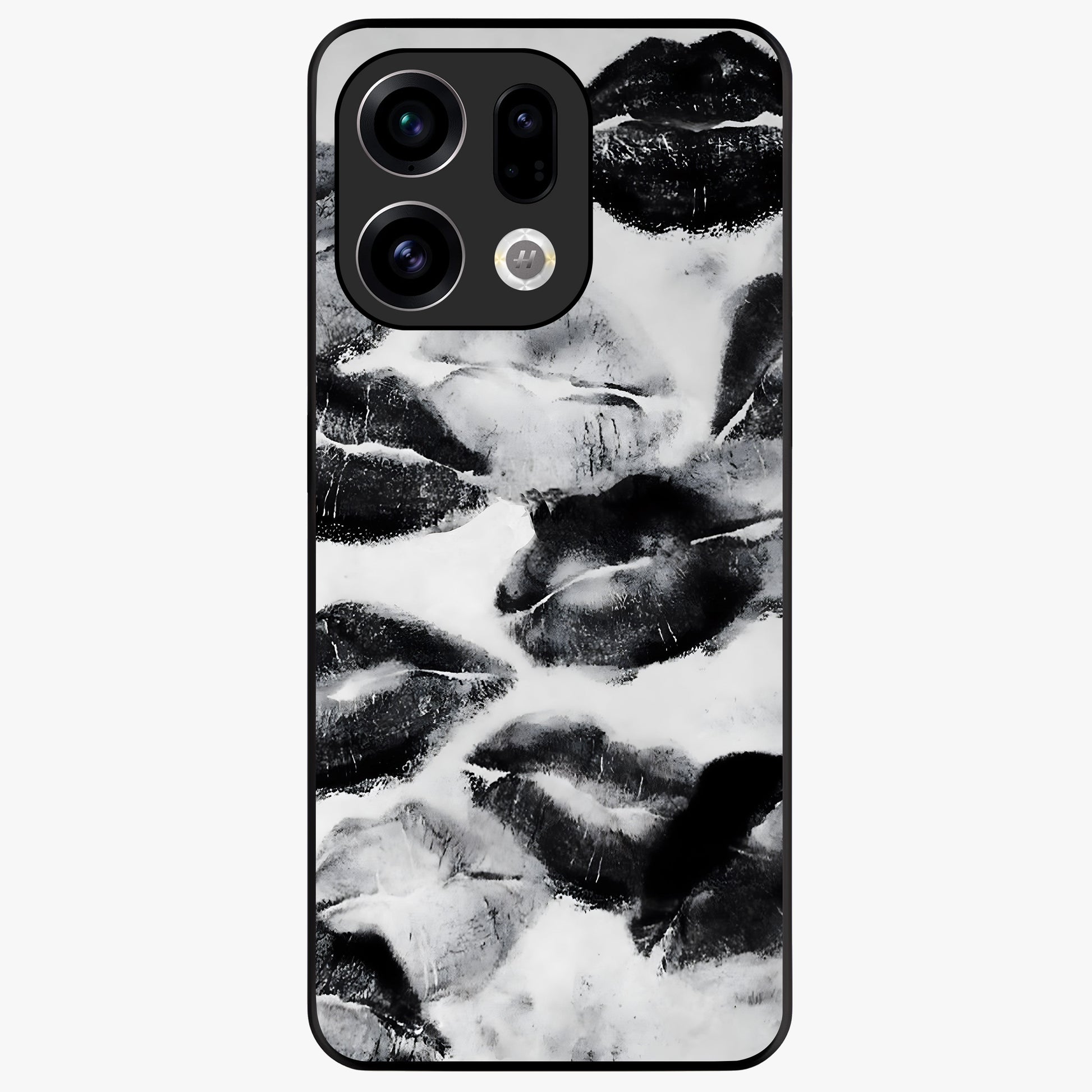 Midnight Kiss Marks Glass Case showing flat back view with lipstick kiss mark artwork and glossy glass finish.
