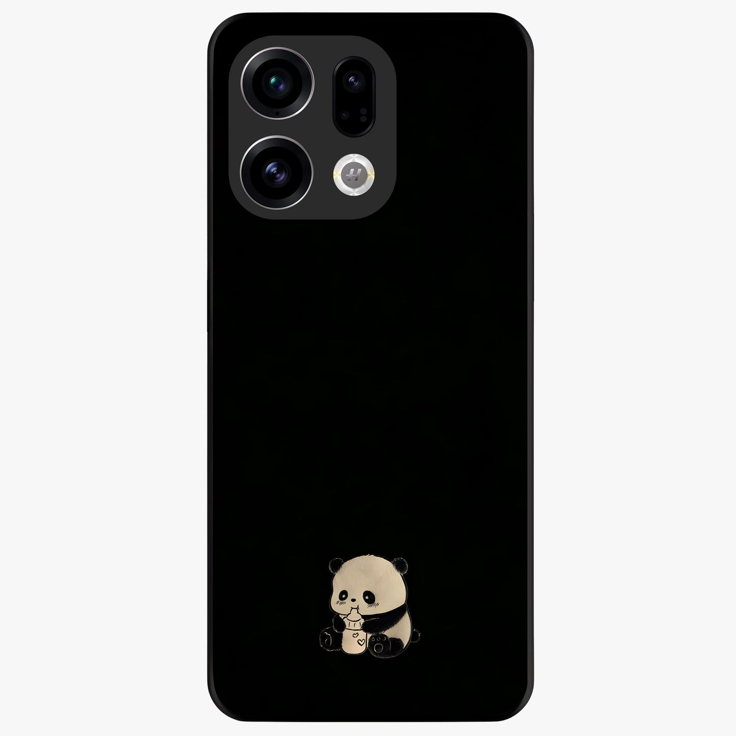Midnight Panda Love Glass Case showing flat back view with cute panda themed artwork and glossy glass finish.