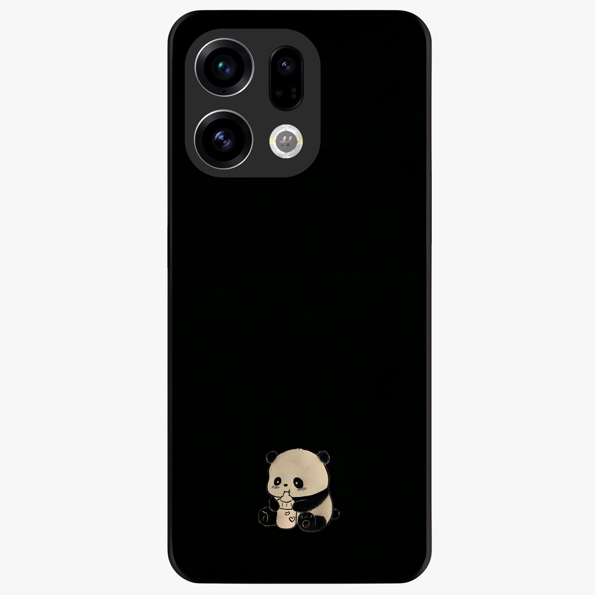 Midnight Panda Love Glass Case showing flat back view with cute panda themed artwork and glossy glass finish.