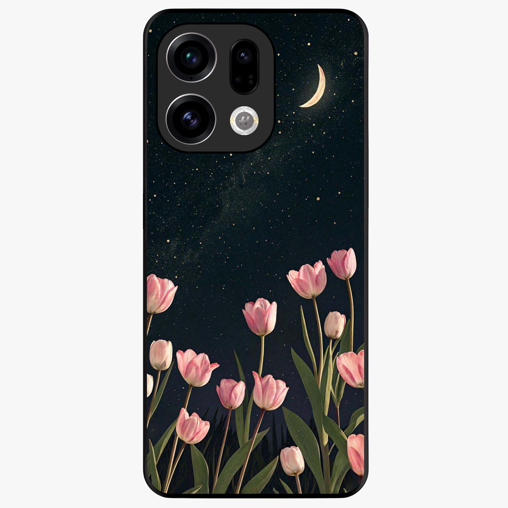 Midnight Tulip Whispers Vibe Glass Case showing flat back view with elegant tulip flower artwork and glossy glass finish.
