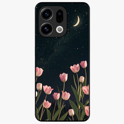 Midnight Tulip Whispers Vibe Glass Case showing flat back view with elegant tulip flower artwork and glossy glass finish.